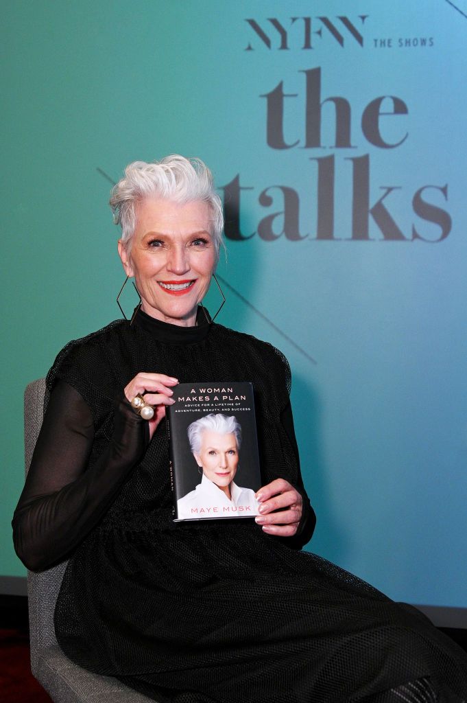 NEW YORK, NEW YORK - FEBRUARY 10: Maye Musk poses with her book at NYFW: The Talks, Silver is the New Blonde during NYFW: The Shows at Spring Studios on February 10, 2020 in New York City. (Photo by Bryan Bedder/Getty Images for IMG)