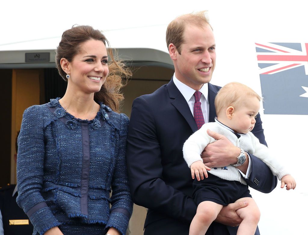 WELLINGTON, NEW ZEALAND - APRIL 16:  Catherine, Duchess of Cambridge, Prince William, Duke of Cambridge and Prince George of Cambridge depart Wellington Airport on April 16, 2014 in Wellington, New Zealand. The Duke and Duchess of Cambridge are on a three-week tour of Australia and New Zealand, the first official trip overseas with their son, Prince George of Cambridge.  (Photo by Danny Martindale/WireImage)