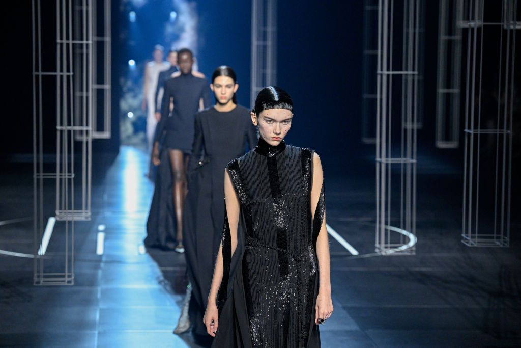 PARIS, FRANCE - JANUARY 27: (EDITORIAL USE ONLY - For Non-Editorial use please seek approval from Fashion House) A model walks the runway during the Fendi Couture Haute Couture Spring/Summer 2022 show as part of Paris Fashion Week on January 27, 2022 in Paris, France. (Photo by Peter White/Getty Images)