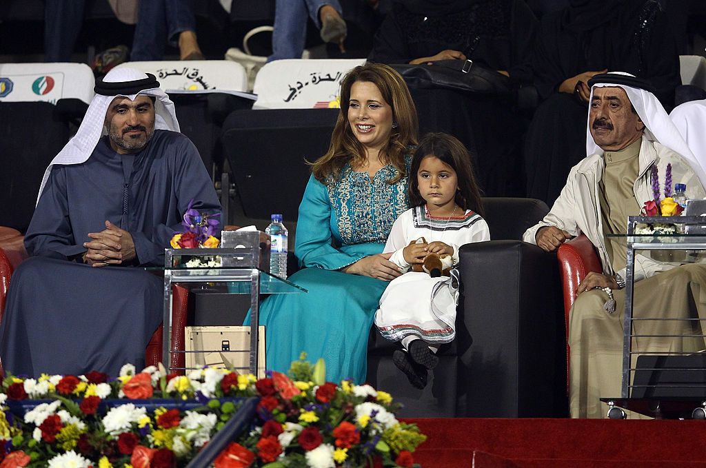 DUBAI, UNITED ARAB EMIRATES - FEBRUARY 25: HRH Princess Haya Bint Al Hussein, wife of His Highness Sheikh Mohammed Bin Rashid Al Maktoum, Vice President and Prime Minister of the UAE, Ruler of Dubai with daughter H.H Sheikha Al Jalila Bint Mohammed Bin Rashid Al Maktoum watch on during day six of the WTA Dubai Duty Free Tennis Championship on February 25, 2012 in Dubai, United Arab Emirates.  (Photo by Julian Finney/Getty Images)