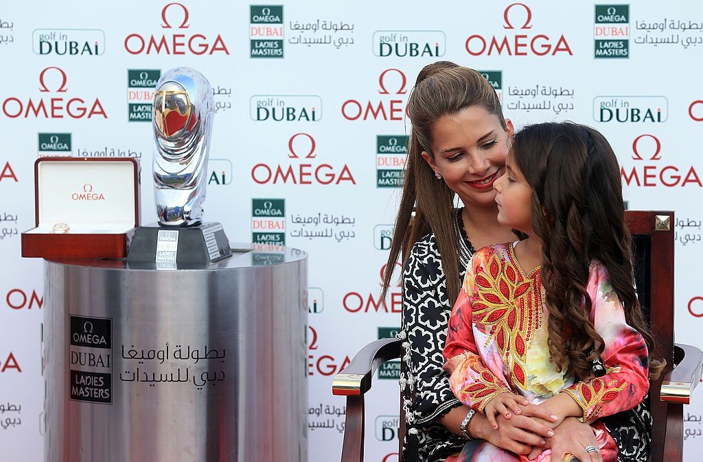 DUBAI, UNITED ARAB EMIRATES - DECEMBER 08:  HRH Princess Haya Bint Al Hussein, wife of HH Sheikh Mohammed Bin Rashid Al Maktoum, Vice President and Prime Minister of the UAE and Ruler of Dubai and Her daughter, HH Sheikha Al Jalila Bint Mohammed Bin Rashid Al Maktoum after the final round of the 2012 Omega Dubai Ladies Masters on the Majilis Course at the Emirates Golf Club on December 8, 2012 in Dubai, United Arab Emirates.  (Photo by David Cannon/Getty Images)