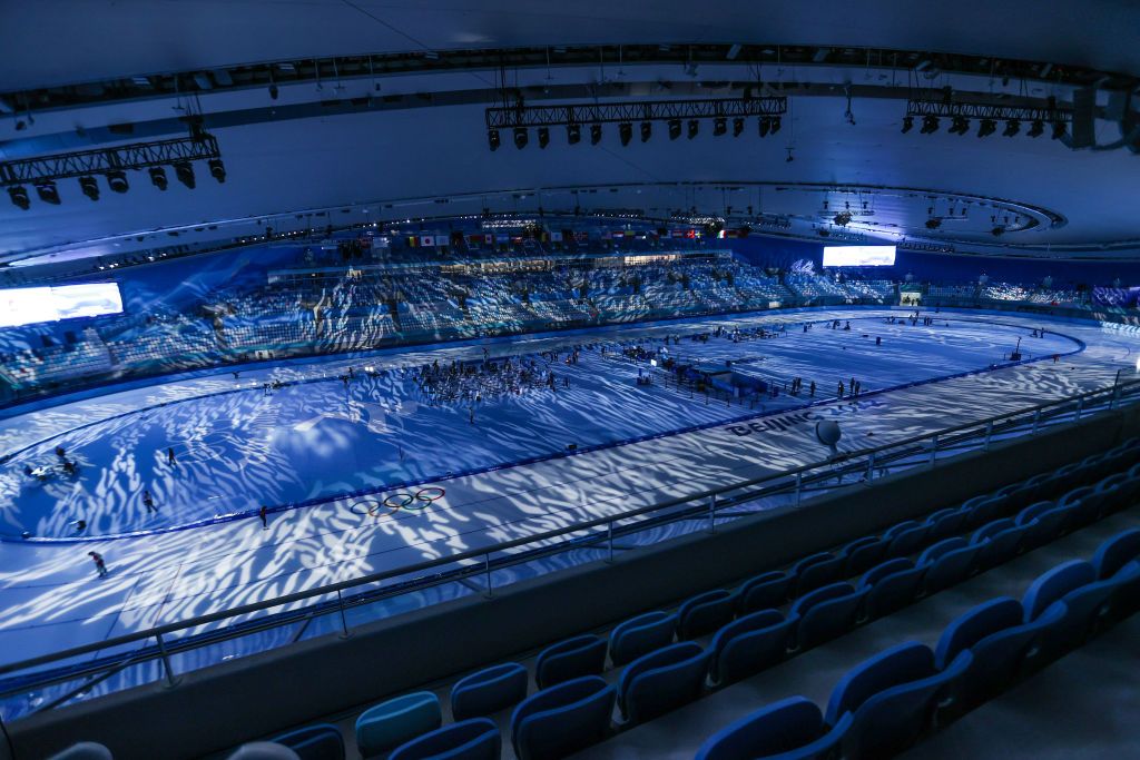 BEIJING, CHINA - FEBRUARY 02: The National Speed Skating Oval performs light show ahead of Beijing 2022 Winter Olympic Games on February 2, 2022 in Beijing, China. (Photo by Liu Lu/VCG via Getty Images)