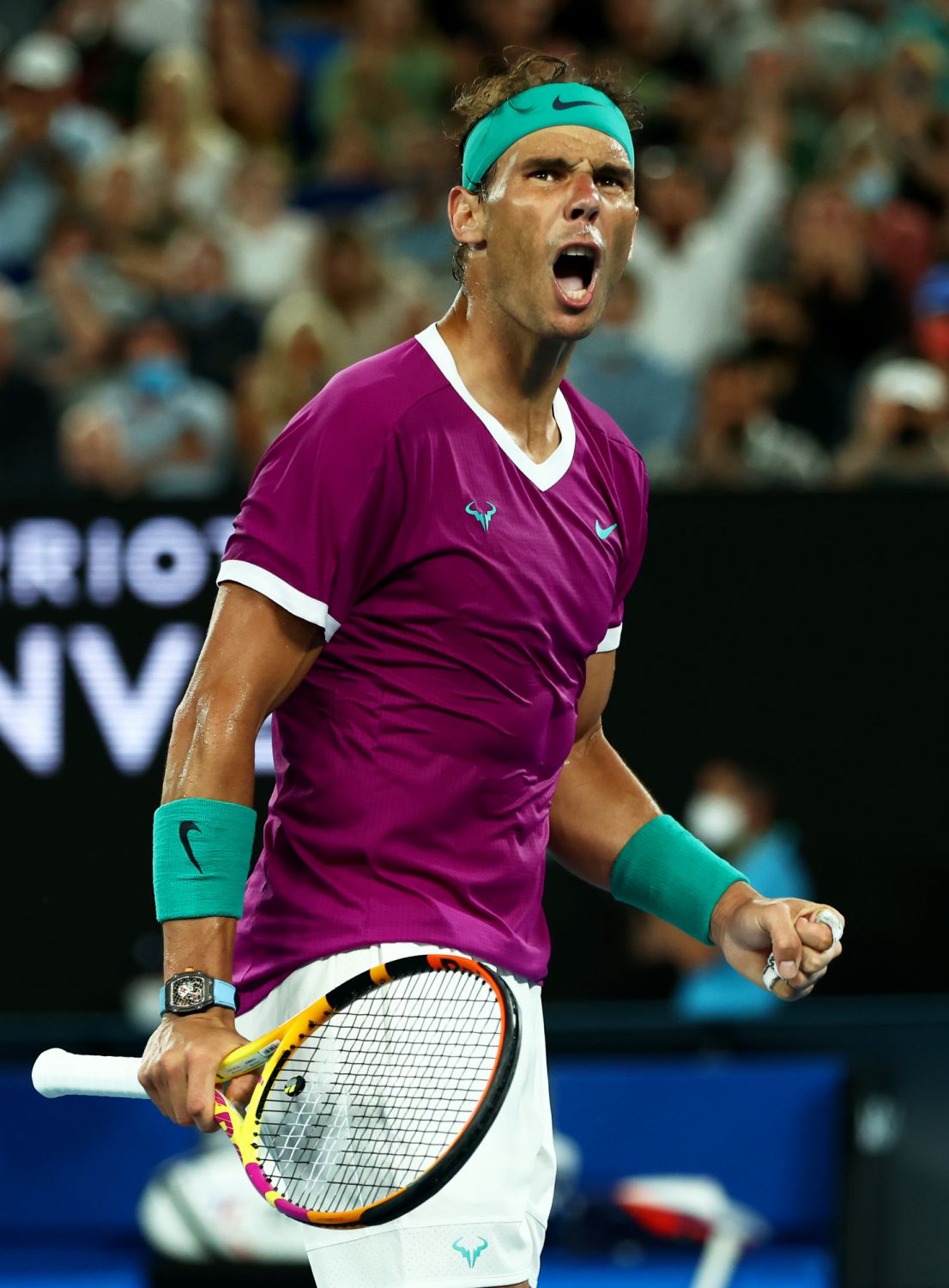 MELBOURNE, AUSTRALIA - JANUARY 30: Rafael Nadal of Spain celebrates a point during his five set victory in his Menâs Singles Final match against Daniil Medvedev of Russia during day fourteen of the 2022 Australian Open at Melbourne Park on January 30, 2022 in Melbourne, Australia. (Photo by Clive Brunskill/Getty Images)