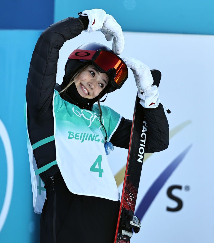 BEIJING, CHINA - FEBRUARY 08: Ailing Eileen Gu of Team China reacts after her final jump before winning gold during the Women's Freestyle Skiing Freeski Big Air Final on Day 4 of the Beijing 2022 Winter Olympic Games at Big Air Shougang on February 8, 2022 in Beijing, China. (Photo by Wang Xianmin/CHINASPORTS/VCG via Getty Images)
