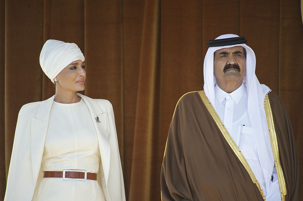 MADRID, SPAIN - APRIL 25: Emir of the State of Qatar Sheikh Hamad Bin Khalifa Al-Thani and his wife Sheikha Moza Bint Nasser Al-Missned arrive at El Pardo Palace on April 25, 2011 in Madrid, Spain. The Emir of the State of Qatar Sheikh Hamad Bin Khalifa Al-Thani and his wife Sheikha Moza Bint Nasser Al-Missned are on an official visit to Spain. (Photo by Carlos Alvarez/Getty Images)