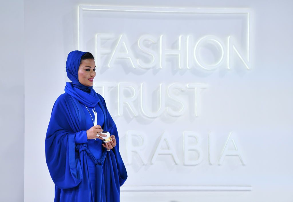 DOHA, QATAR - NOVEMBER 03: Her Highness Sheikha Moza bint Nasser appears onstage at the Fashion Trust Arabia Prize Gala on November 3, 2021 at the National Museum of Qatar in Doha. The FTA Prizes were awarded during #QatarCreates, a cultural celebration connecting the fields of art, fashion, and design through a diverse program of exhibitions, awards, public talks, and special events, all taking place in the heart of Doha. (Photo by Craig Barritt/Getty Images for Qatar Museums )