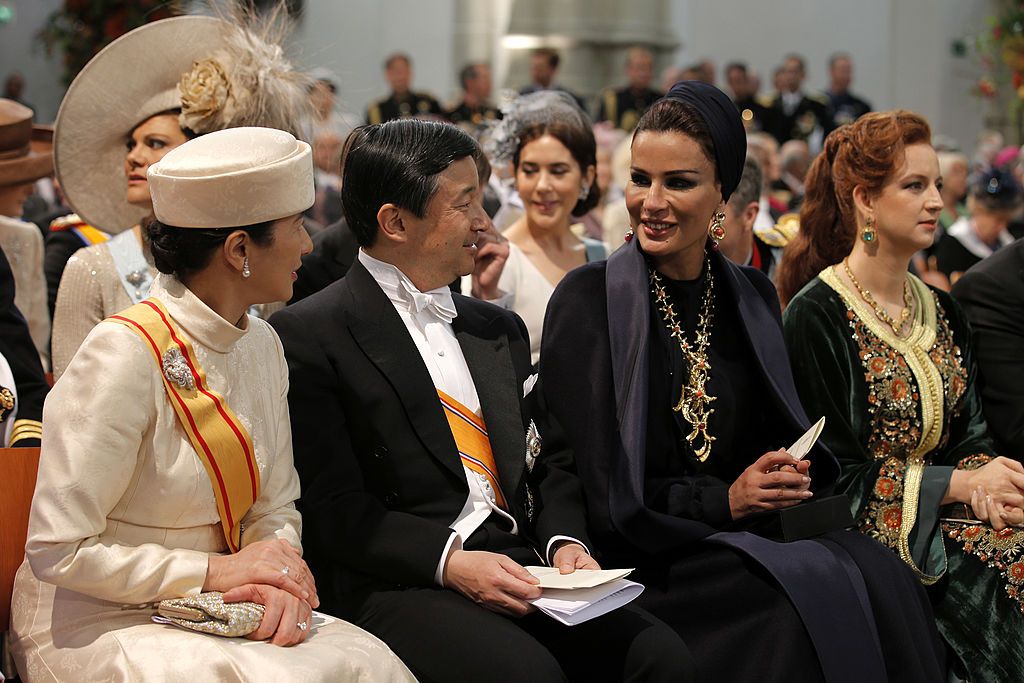 AMSTERDAM, NETHERLANDS - APRIL 30: Crown Prince Naruhito of Japan, Crown Princess Masako of Japan and Sheikha Moza bint Nasser al Misned of Qatar during the inauguration ceremony of King Willem Alexander and Queen Maxima of the Netherlands at New Church on April 30, 2013 in Amsterdam, Netherlands. (Photo by Peter Dejong - Pool/Getty Images)