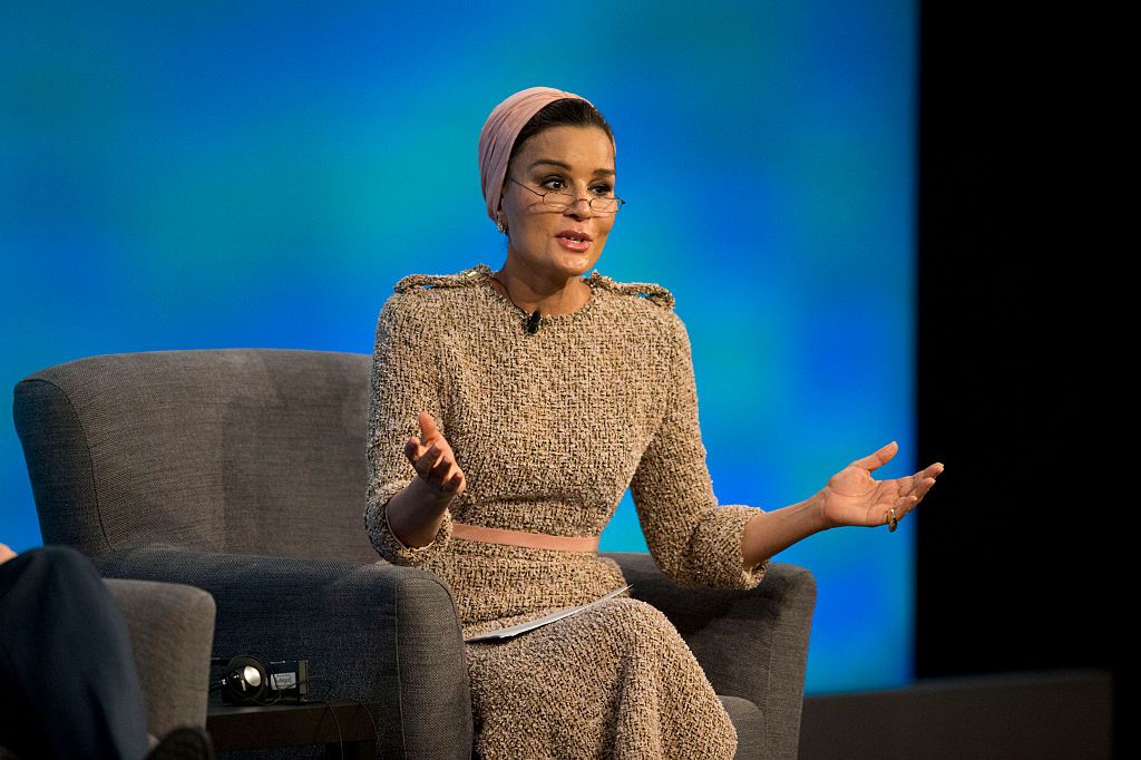 LONDON, ENGLAND - FEBRUARY 04: Qatar's Sheikha Moza bint Nasser speaks during the first focus event on education at the 'Supporting Syria and the Region' conference at the Queen Elizabeth II Conference Centre on February 4, 2016 in London, England. World leaders including British Prime Minister David Cameron and German Chancellor Angela Merkel will gather for the 4th annual donor conference in an attempt to raise £6.2bn GBP to those affected by the war in Syria. (Photo by Matt Dunham - WPA Pool /Getty Im