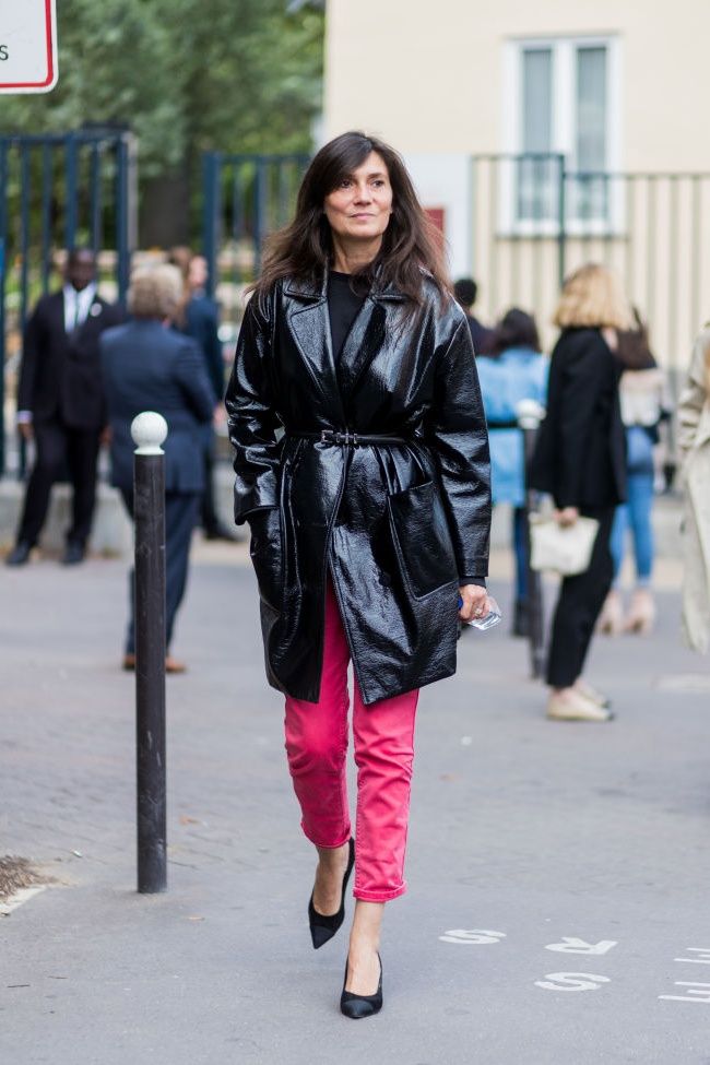 PARIS, FRANCE - JULY 02: Emmanuelle Alt wearing black leather coat, red cropped pants outside Rodarte during Paris Fashion Week - Haute Couture Fall/Winter 2017-2018 : Day One on July 2, 2017 in Paris, France. (Photo by Christian Vierig/Getty Images)