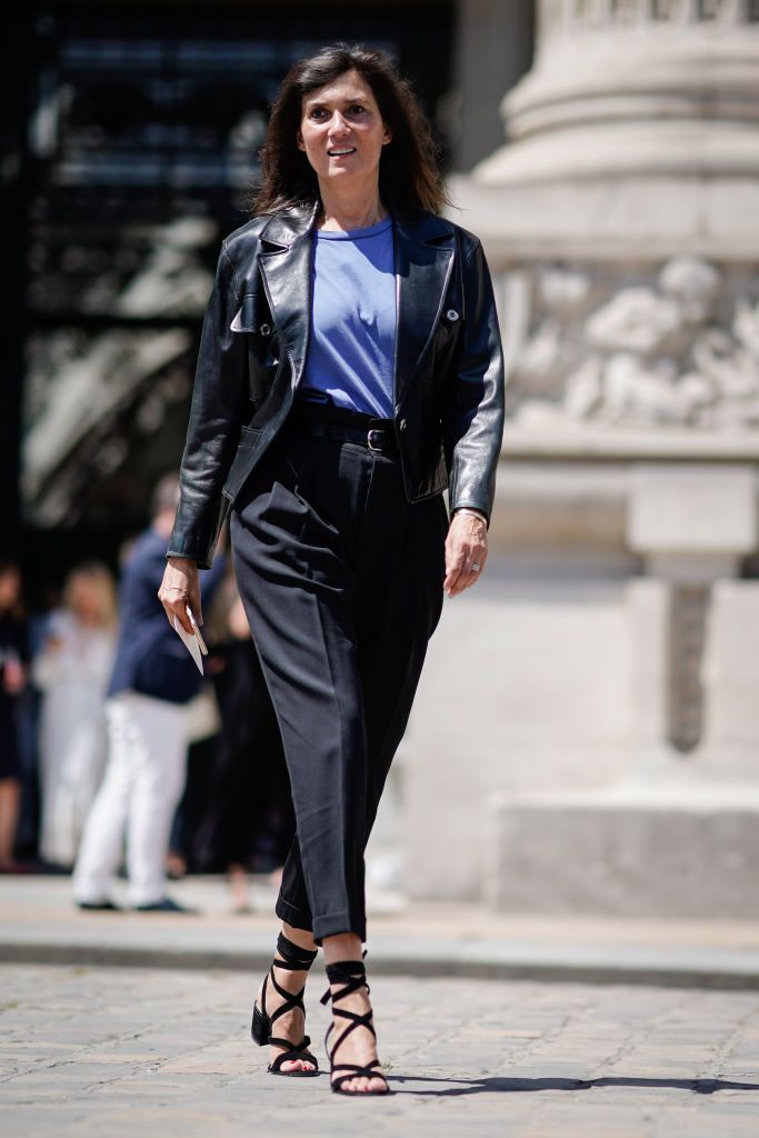 PARIS, FRANCE - JULY 04: Emmanuelle Alt wears a blue top, a black leather jacket, black pants, lace up shoes, outside the Chanel show, during Paris Fashion Week - Haute Couture Fall/Winter 2017-2018, on July 4, 2017 in Paris, France. (Photo by Edward Berthelot/Getty Images)