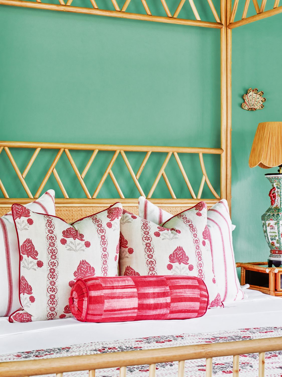 This four-poster rattan bed in the master bedroom was designed by Mora