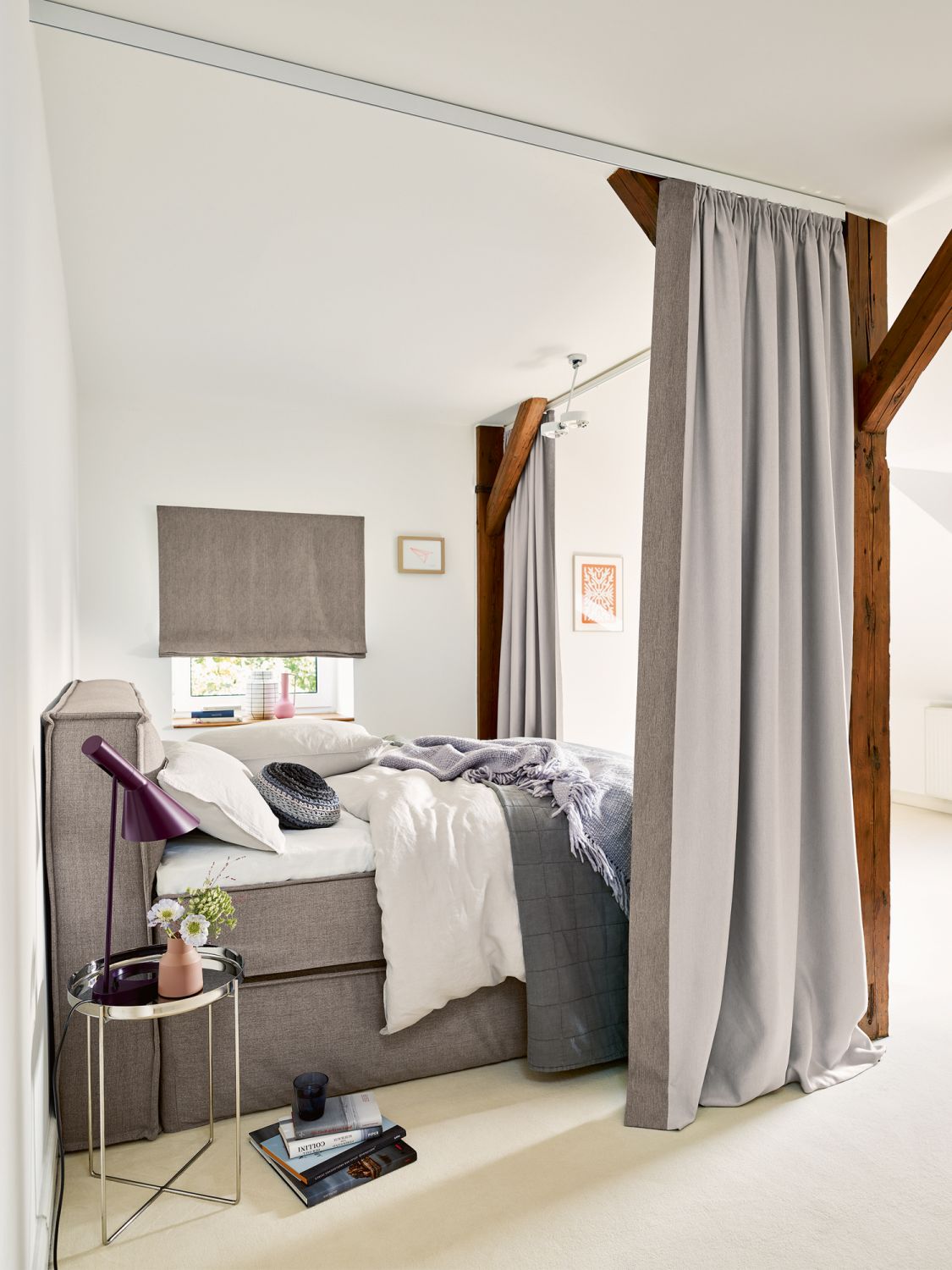 A bedroom featuring upholstery fabrics from ADO Goldkante, available from Cetec