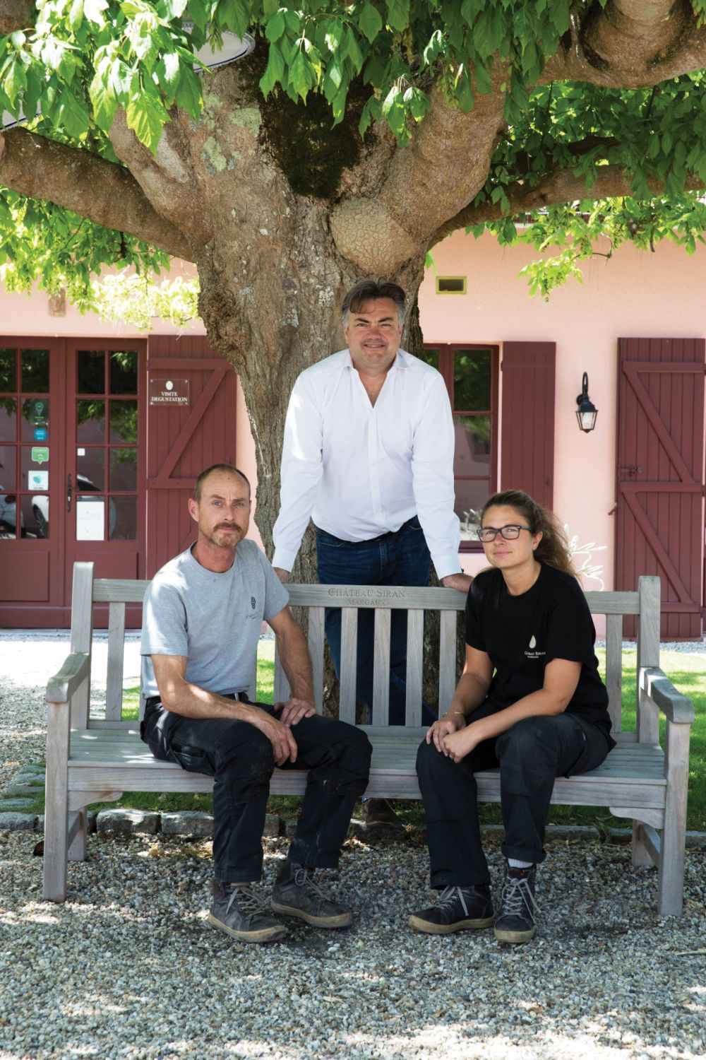 Edouard and his team—oenologist and cellar master Marjolaine Defrance and head of culture Jean- Luc Chevalier