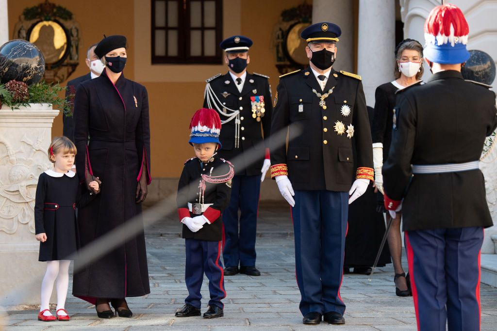 MONTE-CARLO, MONACO - NOVEMBER 19: Princess Charlene of Monaco, Princess Gabriella of Monaco, Prince Jacques of Monaco, Prince Albert II of Monaco and Princess Caroline of Hanover attend the Monaco National day celebrations in the courtyard of the Monaco palace on November 19, 2020 in Monte-Carlo, Monaco. (Photo by PLS Pool/Getty Images)