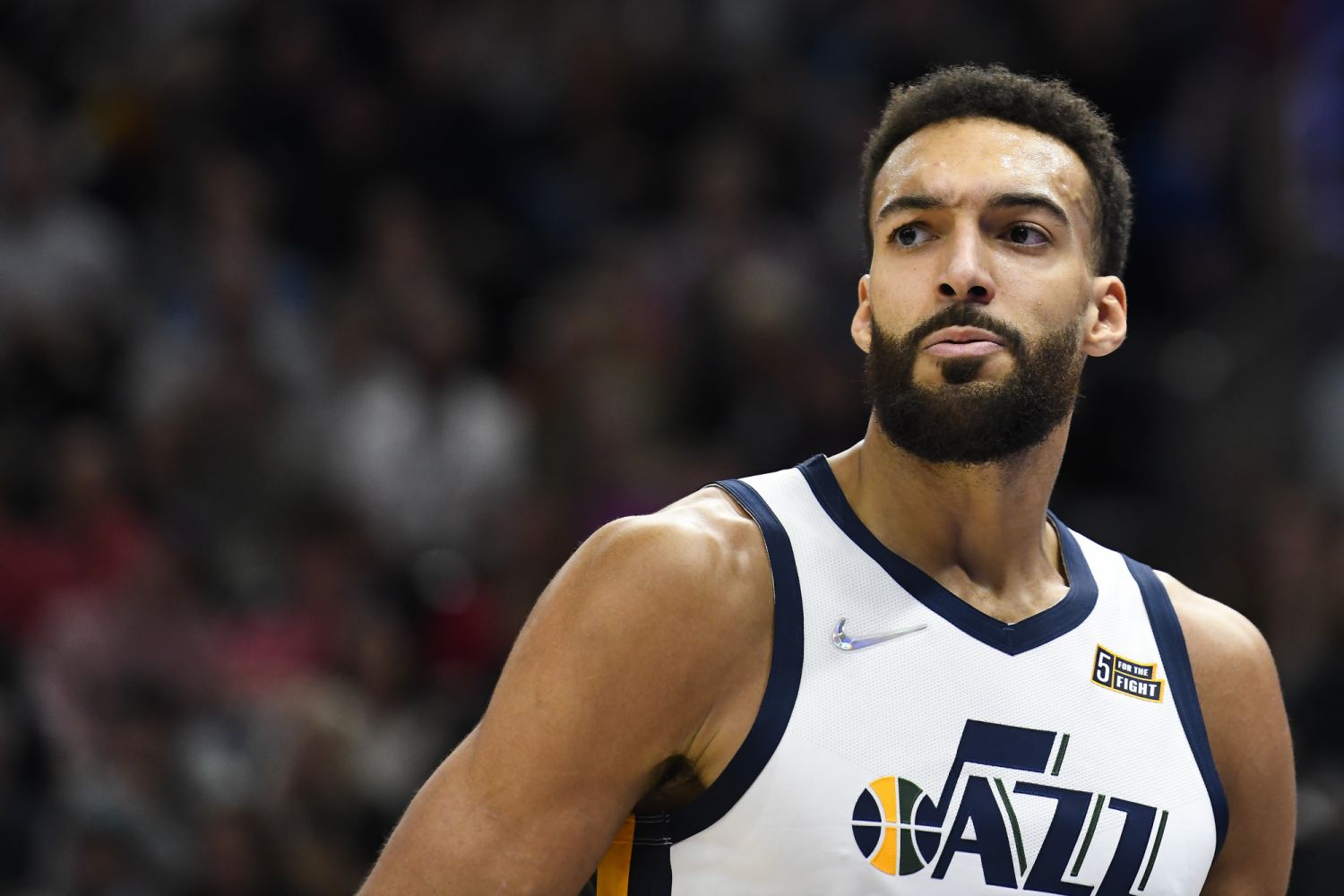 SALT LAKE CITY, UTAH - FEBRUARY 14: Rudy Gobert #27 of the Utah Jazz looks on during the second half of a game against the Houston Rockets at Vivint Smart Home Arena on February 14, 2022 in Salt Lake City, Utah. NOTE TO USER: User expressly acknowledges and agrees that, by downloading and or using this photograph, User is consenting to the terms and conditions of the Getty Images License Agreement. (Photo by Alex Goodlett/Getty Images)