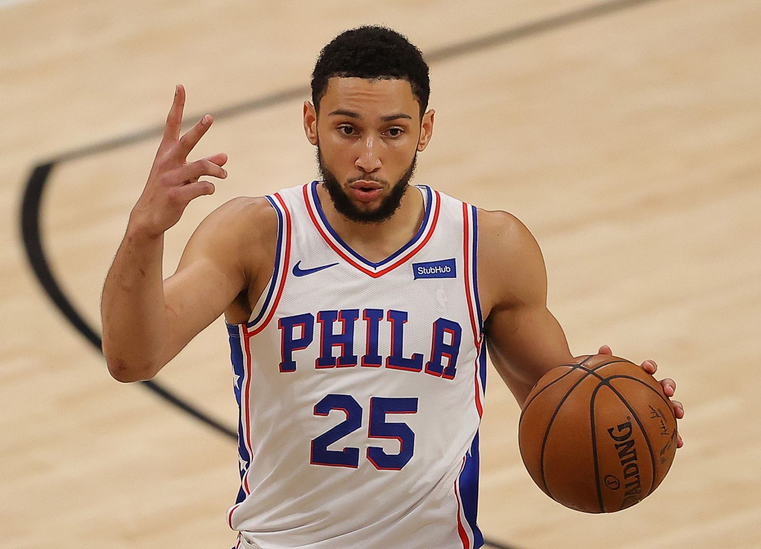 ATLANTA, GEORGIA - JUNE 18: Ben Simmons #25 of the Philadelphia 76ers calls out a play against the Atlanta Hawks during the first half of game 6 of the Eastern Conference Semifinals at State Farm Arena on June 18, 2021 in Atlanta, Georgia. NOTE TO USER: User expressly acknowledges and agrees that, by downloading and or using this photograph, User is consenting to the terms and conditions of the Getty Images License Agreement. (Photo by Kevin C. Cox/Getty Images)