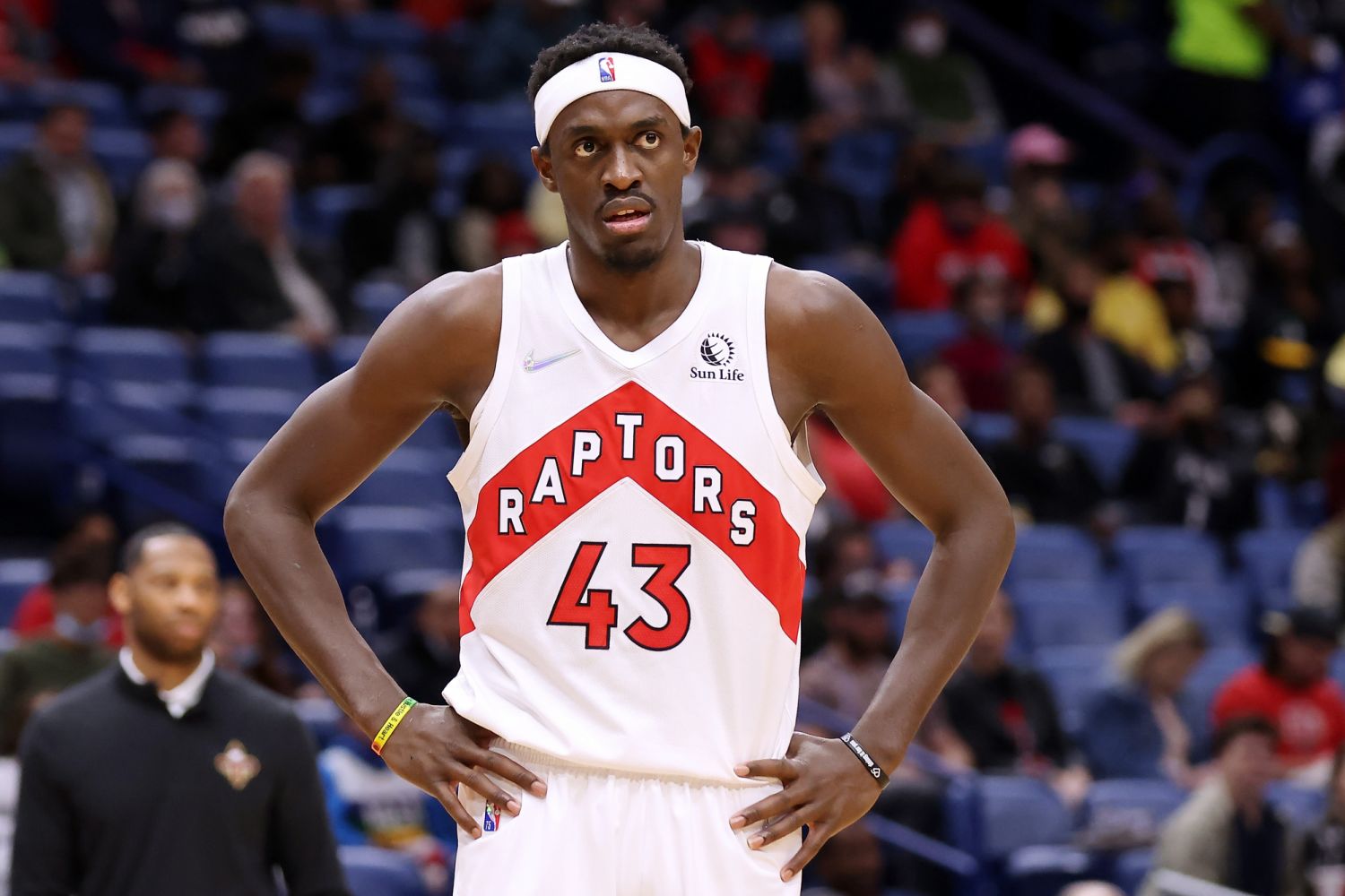 NEW ORLEANS, LOUISIANA - FEBRUARY 14: Pascal Siakam #43 of the Toronto Raptors reacts against the New Orleans Pelicans during a game at the Smoothie King Center on February 14, 2022 in New Orleans, Louisiana. NOTE TO USER: User expressly acknowledges and agrees that, by downloading and or using this Photograph, user is consenting to the terms and conditions of the Getty Images License Agreement. (Photo by Jonathan Bachman/Getty Images)