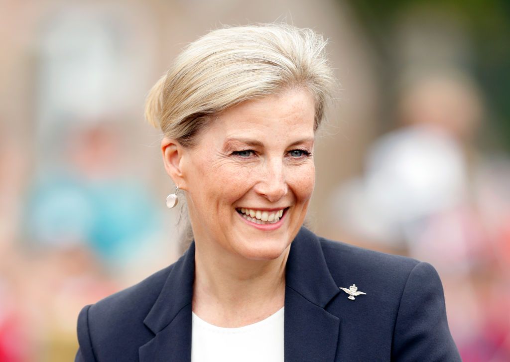 PETERBOROUGH, UNITED KINGDOM - APRIL 24: (EMBARGOED FOR PUBLICATION IN UK NEWSPAPERS UNTIL 24 HOURS AFTER CREATE DATE AND TIME) Sophie, Countess of Wessex (in her role as Honorary Air Commodore, Royal Air Force Wittering) opens the new Centenary Play Park during a visit to RAF Wittering on April 24, 2019 in Peterborough, England. (Photo by Max Mumby/Indigo/Getty Images)