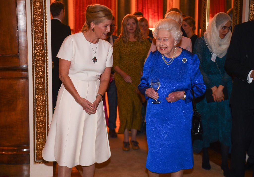 LONDON, ENGLAND - OCTOBER 29: Queen Elizabeth II and Sophie, Countess of Wessex attend a reception to celebrate the work of the Queen Elizabeth Diamond Jubilee Trust at Buckingham Palace on October 29, 2019 in London, England. (Photo by Kirsty O'Connor - WPA Pool/Getty Images)