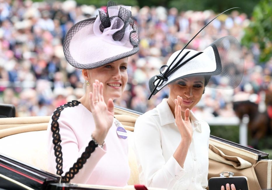 ASCOT, ENGLAND - JUNE 19: (EMBARGOED FOR PUBLICATION IN UK NEWSPAPERS UNTIL 24 HOURS AFTER CREATE DATE AND TIME) Sophie, Countess of Wessex and Meghan, Duchess of Sussex attend Royal Ascot Day 1 at Ascot Racecourse on June 19, 2018 in Ascot, United Kingdom. (Photo by Karwai Tang/WireImage)