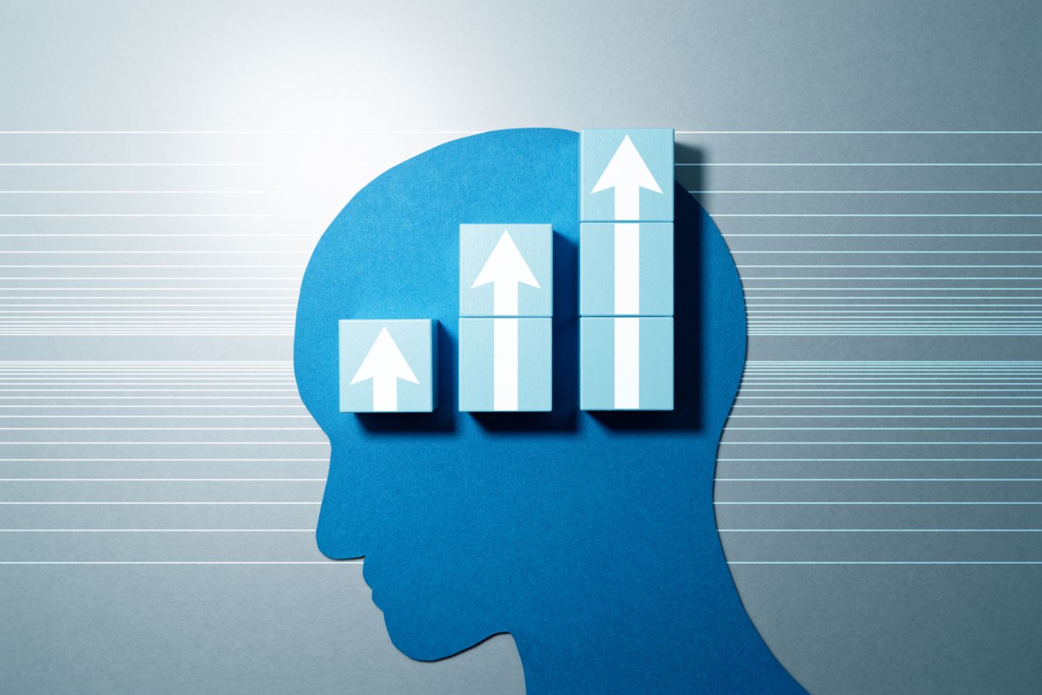 Person head silhouette and blue blocks with arrows.