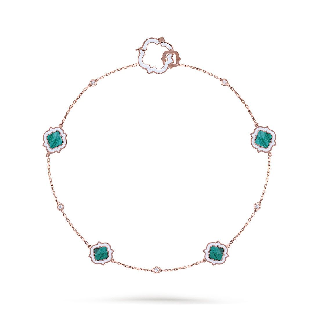 Anime Short Necklace in rose gold with white enamel, diamonds and malachite