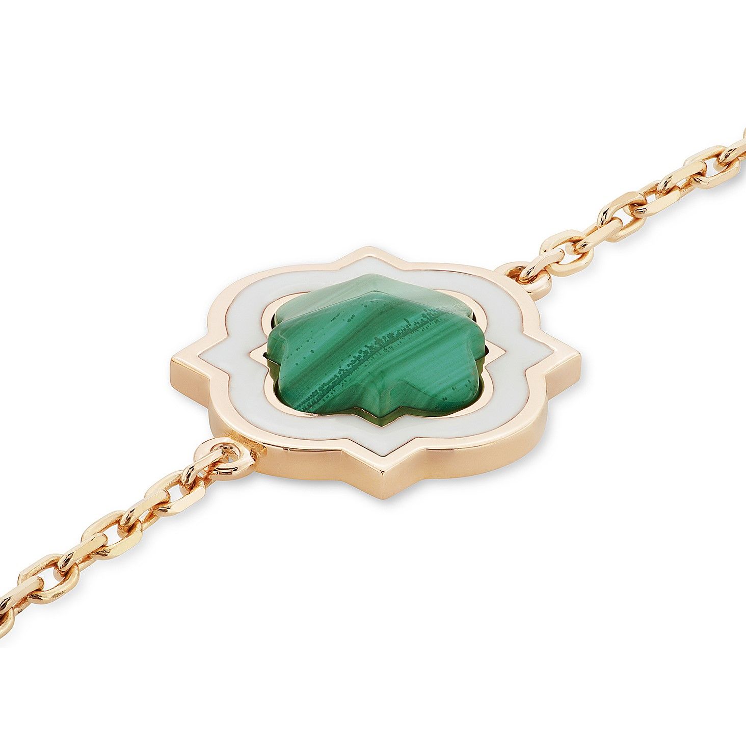 Anime Short Necklace in rose gold with white enamel, diamonds and malachite
