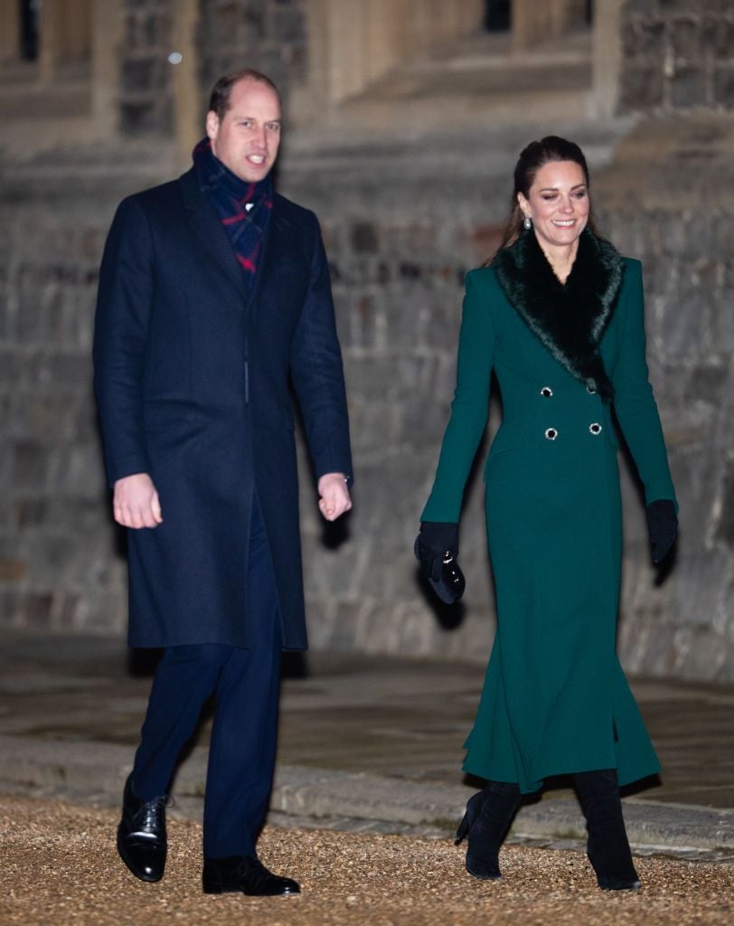 WINDSOR, ENGLAND - DECEMBER 08: Catherine, Duchess of Cambridge, Prince William, Duke of Cambridge arrive to thank local volunteers and key workers for the work they are doing during the coronavirus pandemic and over Christmas in the quadrangle of Windsor Castle on December 8, 2020 in Windsor, England (Photo by Pool/Samir Hussein/WireImage)