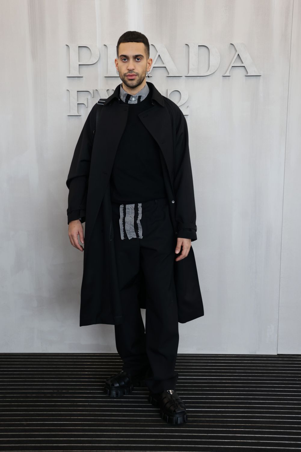 MILAN, ITALY - FEBRUARY 24: Mahmood attends Prada Fall 2022 Womenswear Fashion Show on February 24, 2022 in Milan, Italy. (Photo by Vittorio Zunino Celotto/Getty Images for Prada)