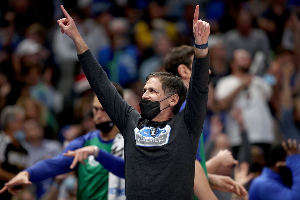 DALLAS, TEXAS - DECEMBER 15: Team owner Mark Cuban of the Dallas Mavericks reacts as the Dallas Mavericks take on the Los Angeles Lakers in the third quarter at American Airlines Center on December 15, 2021 in Dallas, Texas. (Photo by Tom Pennington/Getty Images)