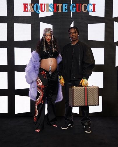 MILAN, ITALY - FEBRUARY 25: Rihanna and Asap Rocky arrive at the Gucci show during Milan Fashion Week Fall/Winter 2022/23 on February 25, 2022 in Milan, Italy. (Photo by Vittorio Zunino Celotto/Getty Images for Gucci)
