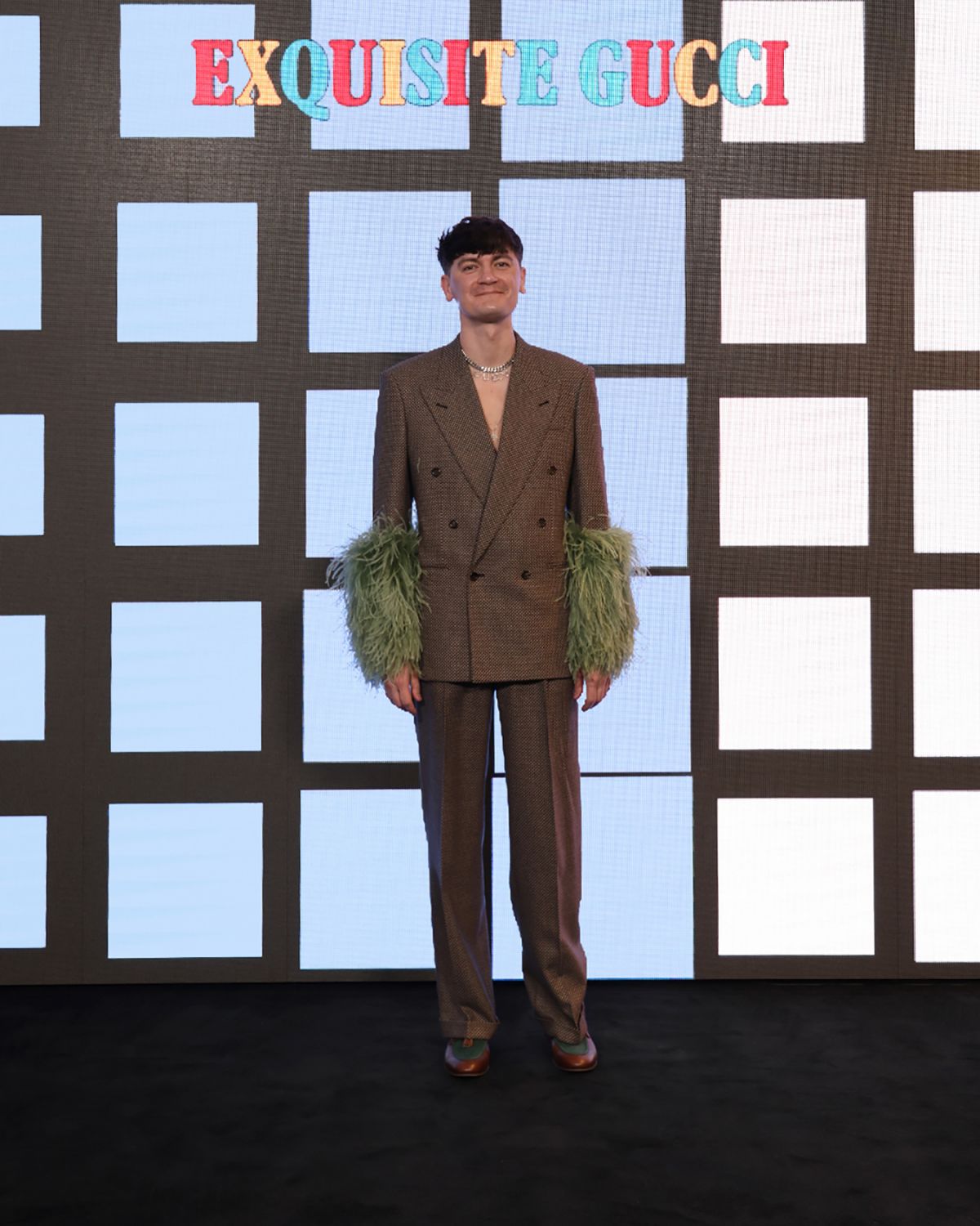 MILAN, ITALY - FEBRUARY 25: Aleksandr Gudkov arrives at the Gucci show during Milan Fashion Week Fall/Winter 2022/23 on February 25, 2022 in Milan, Italy. (Photo by Vittorio Zunino Celotto/Getty Images for Gucci)