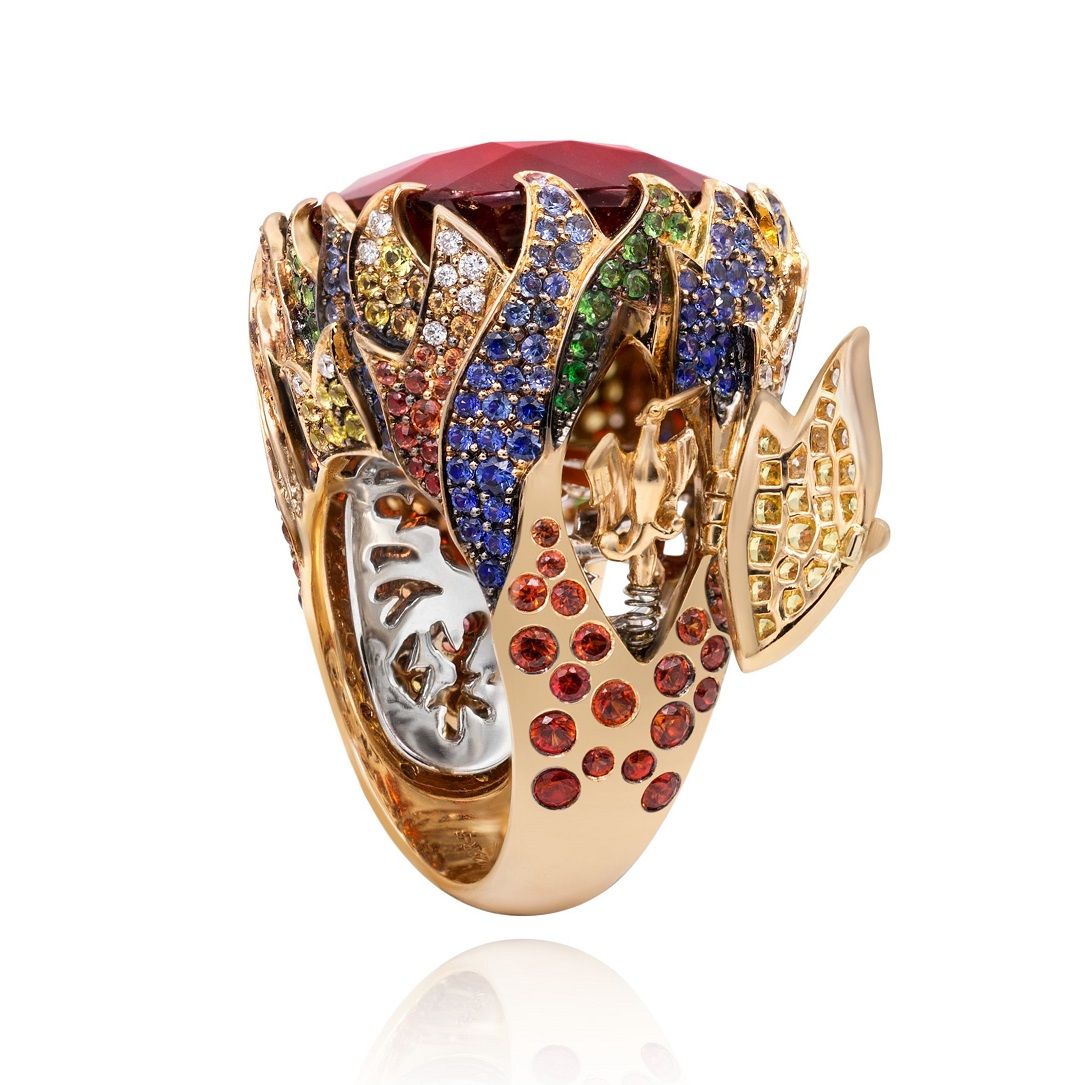 Alessio Boschi Flames Ring in white and yellow gold with diamonds, garnets, sapphires, and tsavorites
