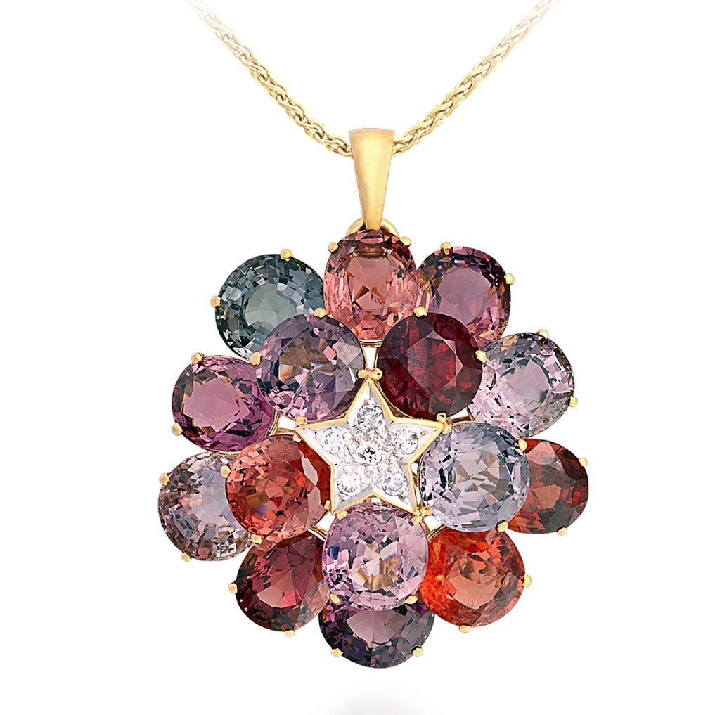 Tenzo Pendant in yellow gold with spinels and diamonds