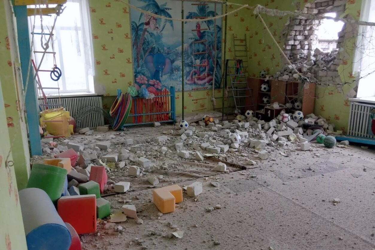 DONETSK, UKRAINE - FEBRUARY 17: (----EDITORIAL USE ONLY â MANDATORY CREDIT - "UKRAINIAN CHIEF OF GENERAL STAFF / HANDOUT" - NO MARKETING NO ADVERTISING CAMPAIGNS - DISTRIBUTED AS A SERVICE TO CLIENTS----) A view from the shelled kindergarten in eastern Ukraine on February 17, 2022. (Photo by Ukrainian Chief of General Staff / Handout/Anadolu Agency via Getty Images)