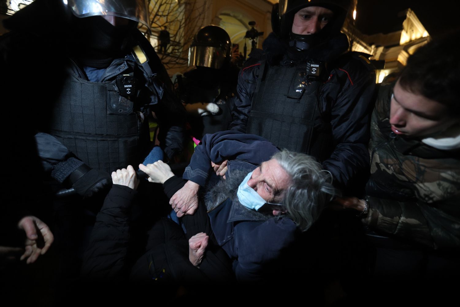 ST PETERSBURG, RUSSIA - FEBRUARY 24: People stage an anti-war demonstration, following Russia's military operation in Ukraine, on February 24, 2022 in St. Petersburg, Russia. Security forces intervened and detained some of protestors in the demonstration. (Photo by Sergei Mihailicenko/Anadolu Agency via Getty Images)