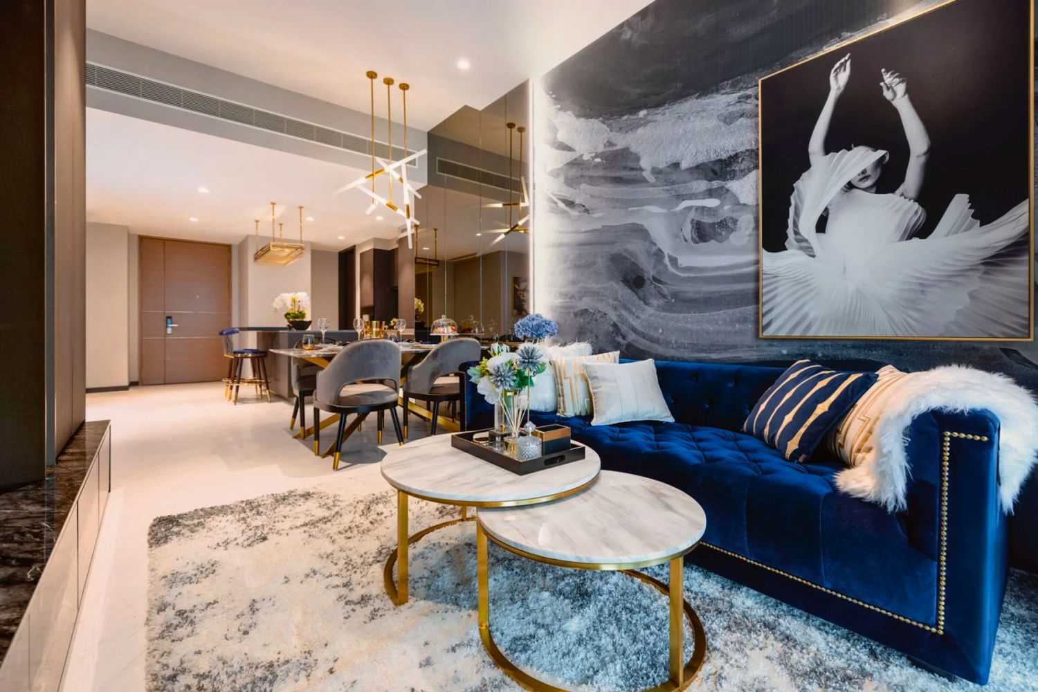 This luxurious apartment designed by Mr Shopper Studio features dramatic patterns that create a glamorous and striking look (Image: Mr Shopper Studio)
