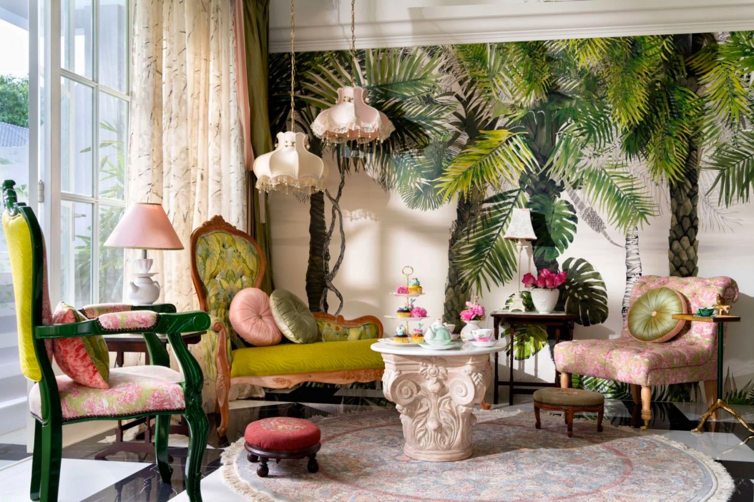 The mezzanine lounge is designed as a tearoom that was loosely inspired by the Netflix period drama Bridgerton