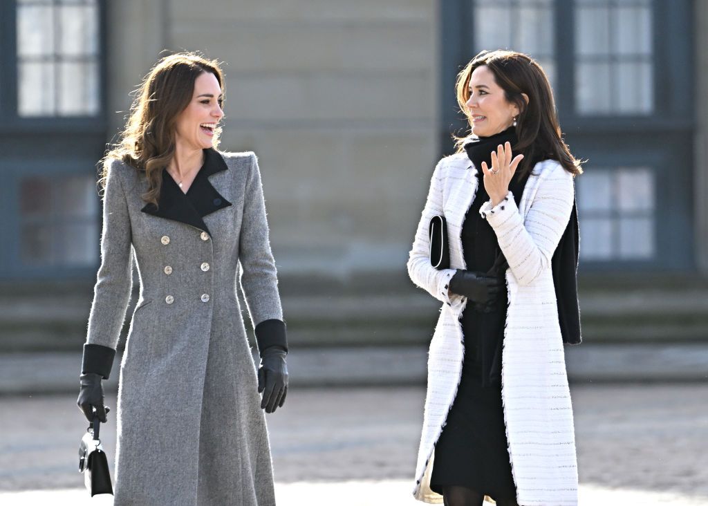 COPENHAGEN, DENMARK - FEBRUARY 23: Catherine, Duchess of Cambridge and Crown Princess Mary of Denmark walk across the Amalienborg courtyard on February 23, 2022 in Copenhagen, Denmark. The Duchess of Cambridge visits Copenhagen between 22nd and 23rd February on a working visit with The Royal Foundation Centre for Early Childhood. (Photo by Karwai Tang/WireImage)