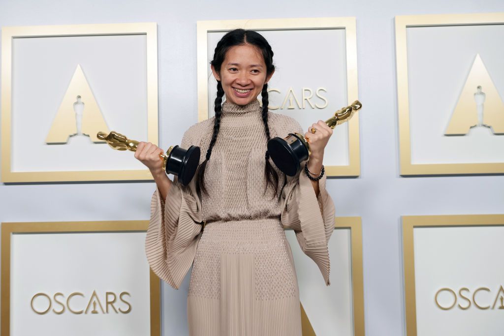 LOS ANGELES, CALIFORNIA â APRIL 25: (EDITORIAL USE ONLY) In this handout photo provided by A.M.P.A.S., Chloé Zhao, winner of the Best Director for 'Nomadland,' poses in the press room during the 93rd Annual Academy Awards at Union Station on April 25, 2021 in Los Angeles, California. (Photo by Matt Petit/A.M.P.A.S. via Getty Images)