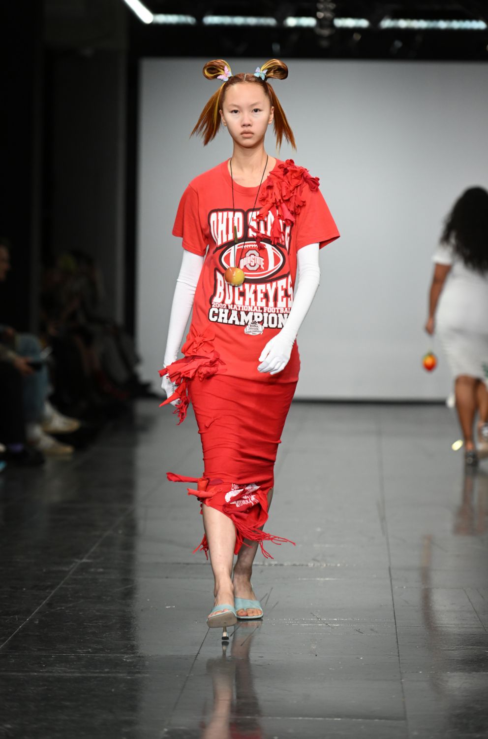 LONDON, ENGLAND - FEBRUARY 18: A model walks the runway at the Conner Ives show during London Fashion Week February 2022 on February 18, 2022 in London, England. (Photo by Jeff Spicer/BFC/Getty Images for BFC)