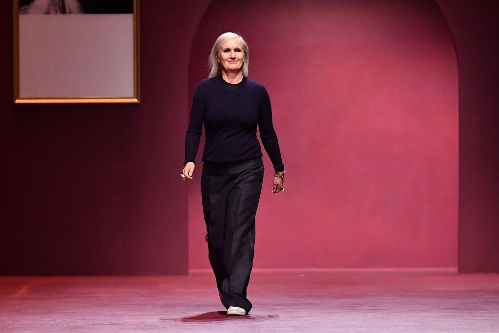PARIS, FRANCE - MARCH 01: (EDITORIAL USE ONLY - For Non-Editorial use please seek approval from Fashion House) Designer Maria Grazia Chiuri walks the runway during the Dior Womenswear Fall/Winter 2022-2023 show as part of Paris Fashion Week on March 01, 2022 in Paris, France. (Photo by Dominique Charriau/WireImage)