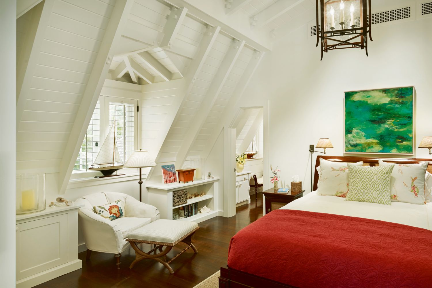 Asian-inspired motifs on the accent cushions celebrate the wife’s love of Eastern design influences