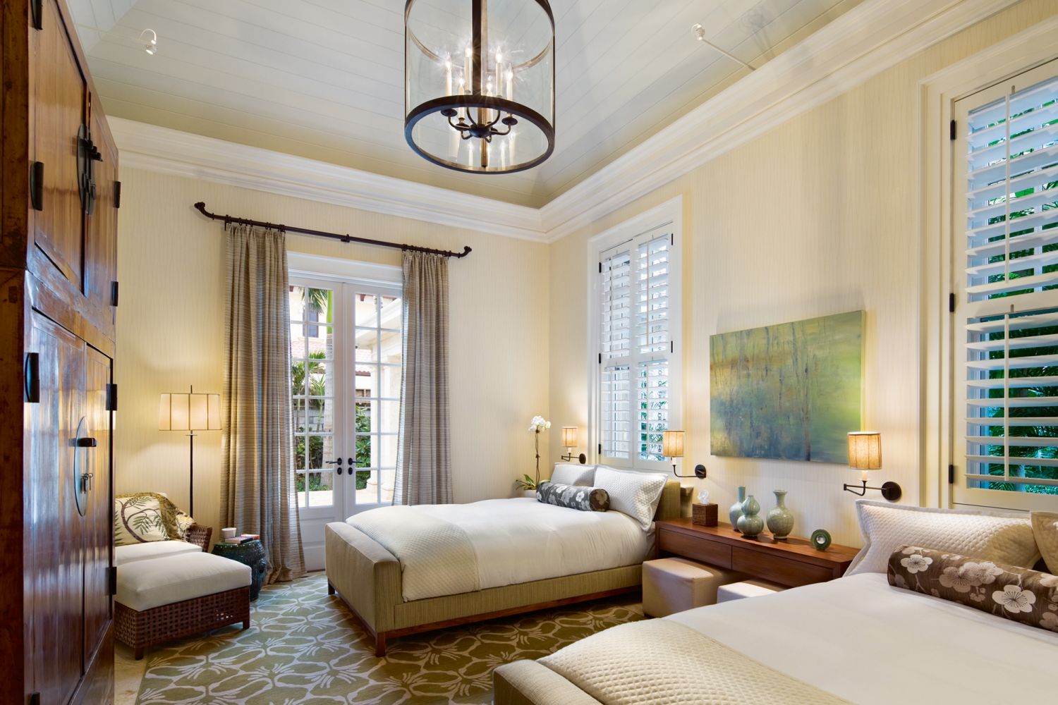 An earthy scheme creates a calming mood in another bedroom in the same building