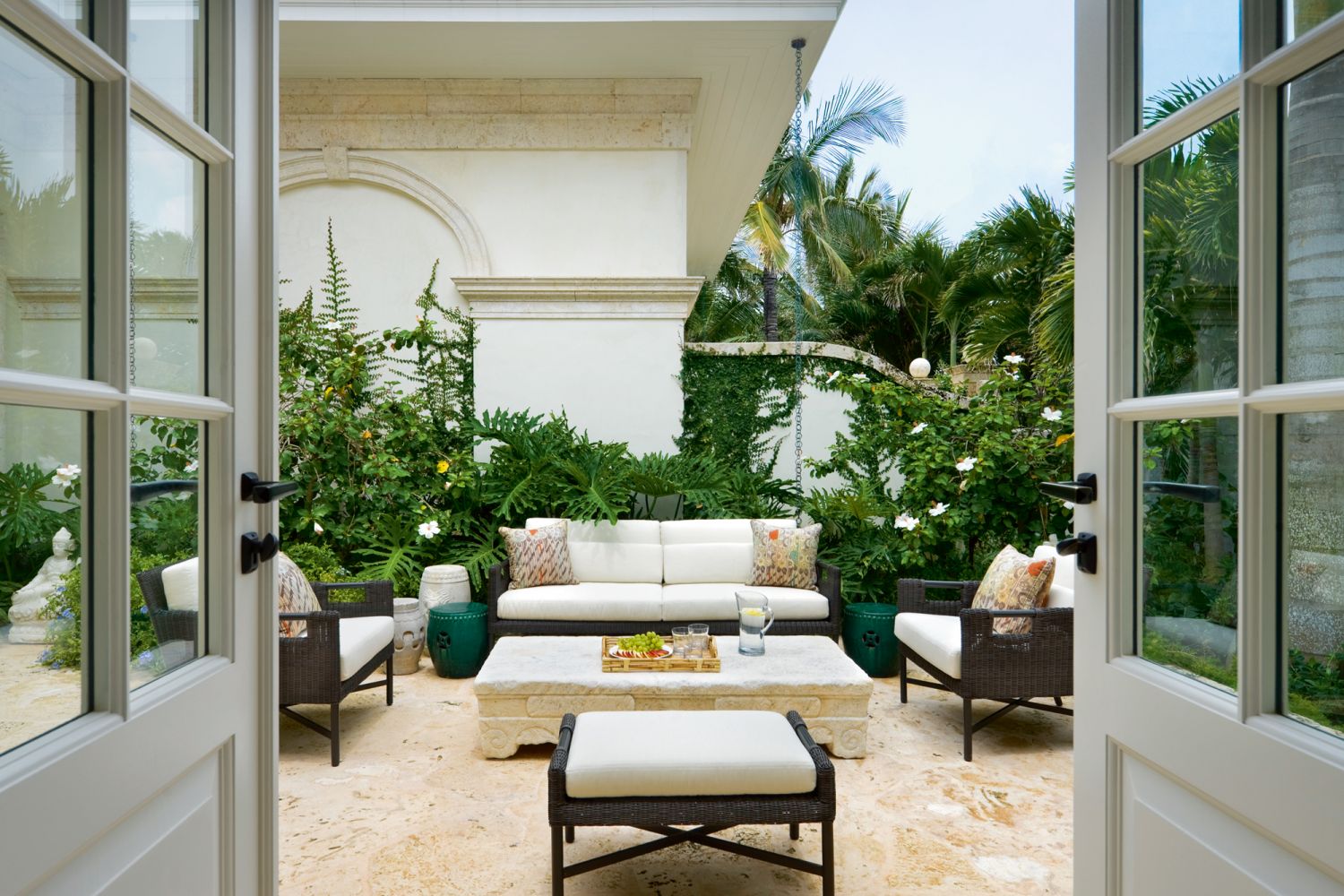 Verdant foliage heightens the tranquil atmosphere of this courtyard