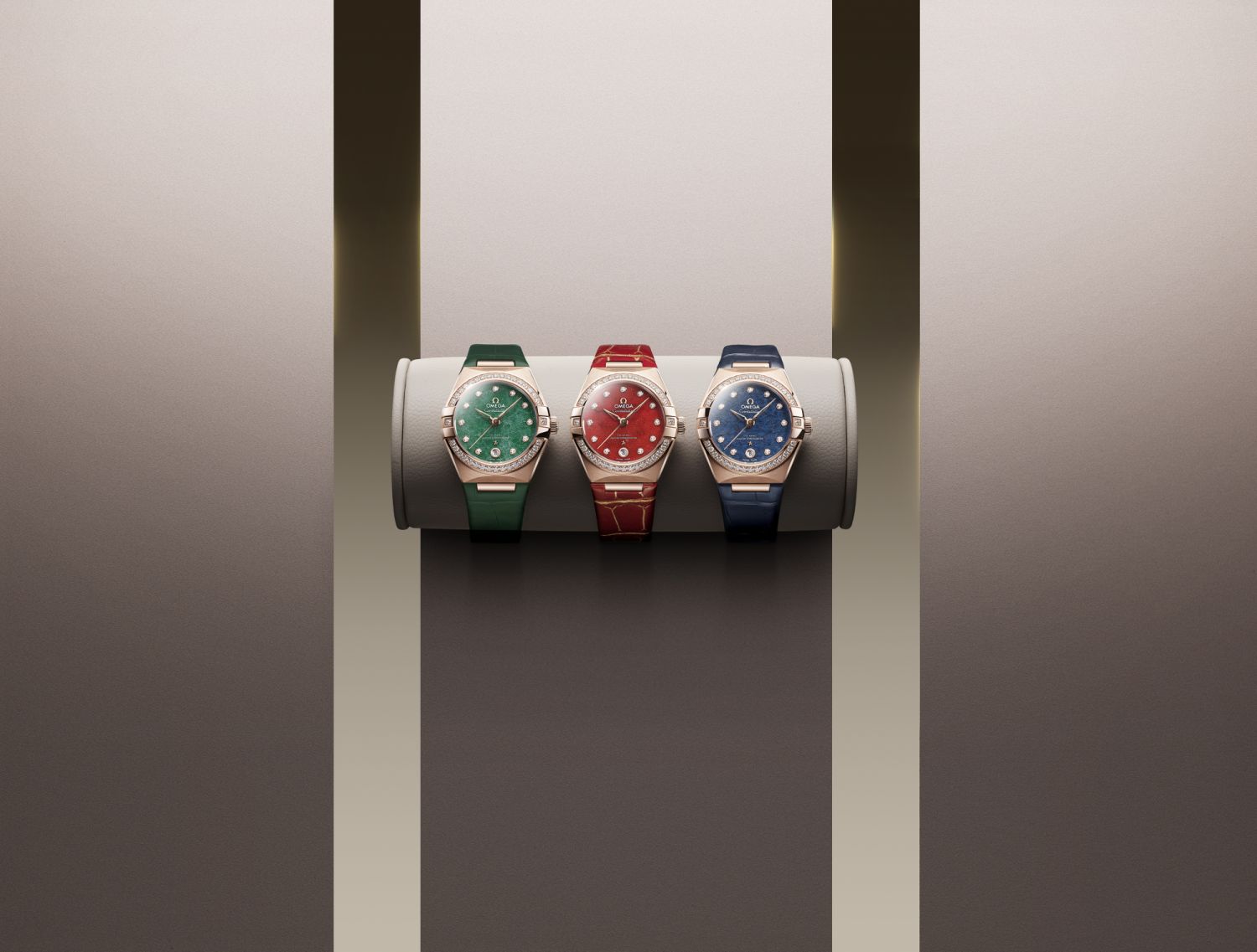The Omega Constellation Aventurine models in green, red and blue