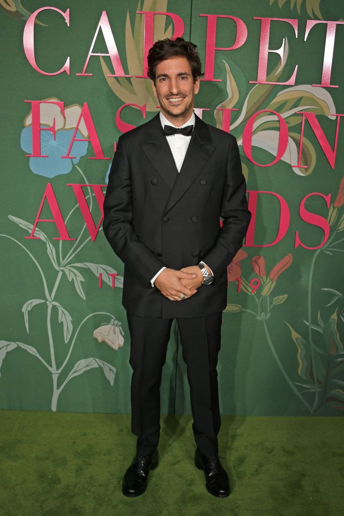MILAN, ITALY - SEPTEMBER 22: Lorenzo Bertelli poses in the Winners Room at The Green Carpet Fashion Awards, Italia 2019, hosted by CNMI & Eco-Age, at Teatro Alla Scala on September 22, 2019 in Milan, Italy. (Photo by David M. Benett/Dave Benett/Getty Images for Eco-Age Ltd)