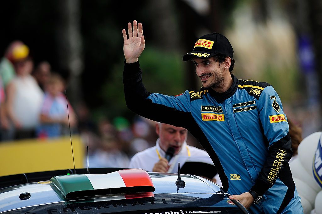 Lorenzo Bertelli of FWRT, at the podium ceremony during the last day of Rally RACC Catalunya, on October 16, 2016 in Salou, Spain. (Photo by Joan Cros/NurPhoto via Getty Images)