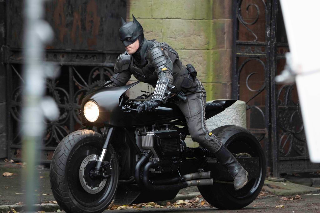 LIVERPOOL, ENGLAND - OCTOBER 13: Robert Pattinson's stunt double dressed in the Batsuit as he rides a motorbike filming The Batman on October 13, 2020 in Liverpool, England. (Photo by MEGA/GC Images)
