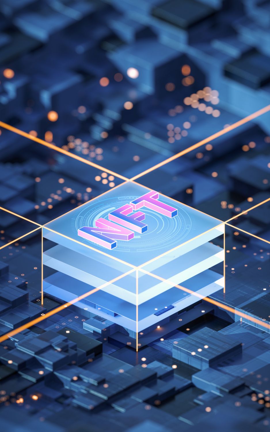 NFT nonfungible tokens concept and circuit, 3d rendering. Computer digital drawing.